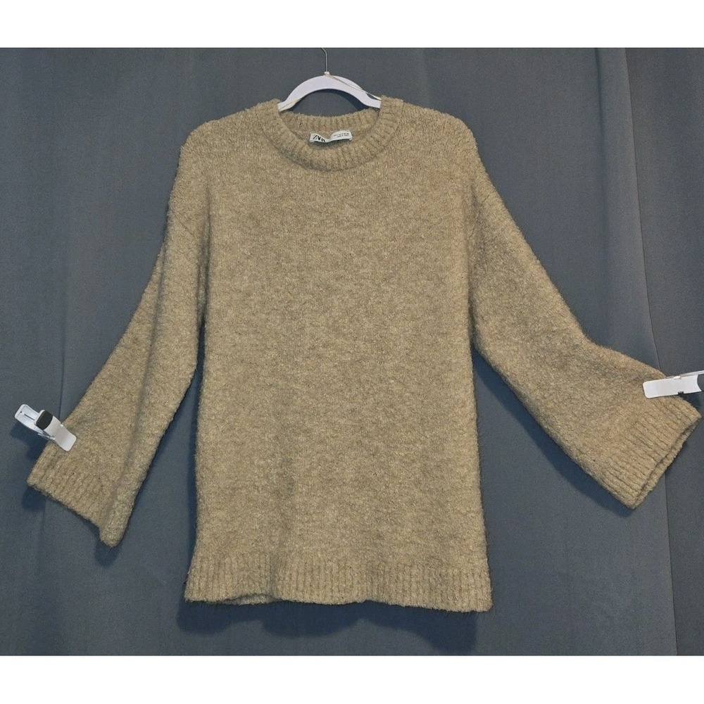 Zara‎ Womens Oatmeal Beige Textured Knit Bell Sleeve Crewneck Sweater Small